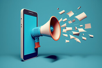 Cell phone and megaphone, megaphone on mobile phone screen, blue background, Generative AI	
