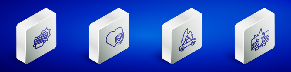 Sticker - Set Isometric line Car accident, Life insurance with shield, Burning car and icon. Vector