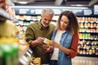 © InputUX - A couple in a grocery store reading nutritional information on a food product, demonstrating conscious consumer behavior and health awareness, generative ai