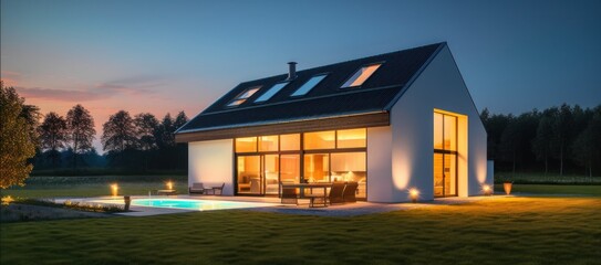 modern, luxurious home situated in the countryside, featuring large glass windows, generative ai