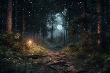 Poster - A dreamy forest with a glowing full moon and stars peeping through the branches. Generative AI technology