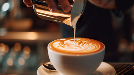 A person pouring milk into a cup of coffee. Generative AI. Latte art.