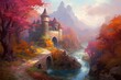 The Majestic Enchantment of a Fairytale Castle in a Colorful Landscape Oil Painting. Generative AI