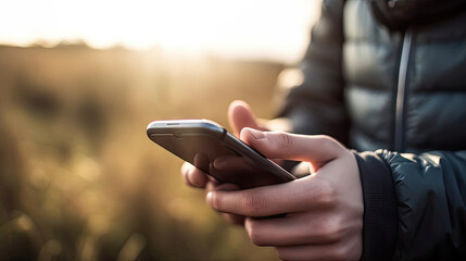 Close-up of male hands with smartphone outdoors. Based on Generative AI