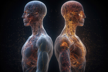 Wall Mural - two spiritual human bodies on dark background. souls connection. created with generative ai