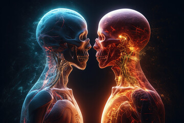 Wall Mural - two spiritual human bodies on dark background. souls connection. created with generative ai