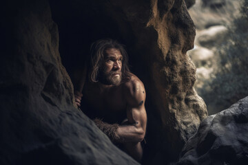 Portrait of prehistoric man in cave. Face of Neanderthal caveman with beard. Ancestor of mankind. Created with Generative AI