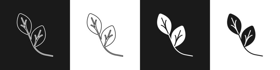 Poster - Set Leaf icon isolated on black and white background. Leaves sign. Fresh natural product symbol. Vector