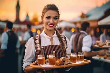 Wall Mural - Oktoberfest Tradition. Beauty Waitress wearing traditional clothes and holding beers at the festival. Sunset. German culture and celebration concept. AI Generative