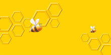 Background With Volume Honeycombs And Rounded 3d Render Bees Flying, Yellow Backdrop