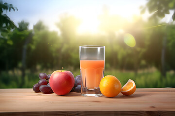 Glass with juice and fruit on wooden table, copy space, Generative AI 1