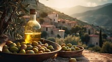 Olive Oil And Delicious Olives On Background Of Picturesque Olive Grove And Mountain Village. Based On Generative AI