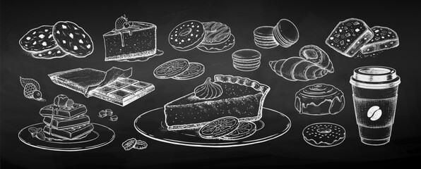 Wall Mural - Vector chalk drawn sketchy illustrations set of desserts and sweet food on chalkboard background