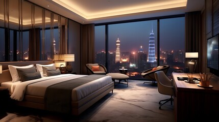 interior of a luxury hotel room with a panoramic view of a bustling city, symbolizing business travel accommodation Generative AI
