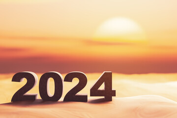 Wall Mural - 2024 number on sand beach with sunset sky background. Happy new year and holiday concept. 3D rendering graphic illustration design.
