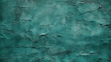 Dark Green Blue Uneven Texture. Painted Old Wall With Plaster. Teal Color. Grunge Surface Background For Design. Rough Brush Strokes. Empty. Close-up
