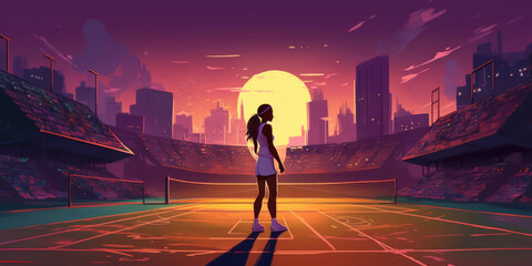 Stadium Showdown: Artistic Depiction of a Competitive Female Tennis Player on a Tennis Pitch. Generative AI