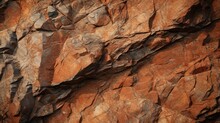 Dark Red Orange Brown Rock Texture With Cracks. Close-up. Rough Mountain Surface. Stone Granite Background For Design. Nature