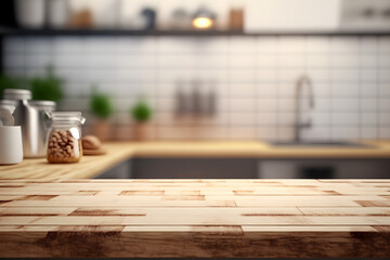 Wood table top on blur kitchen counter (room)background. Realistic