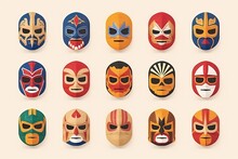 Lucha Libre, Set Of Luchador Mexican Wrestling Masks Icons. Generative Ai.