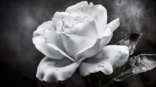 Rose Black And White, Single White Rose In Front Of Black Textured Concrete Wall. Generative AI