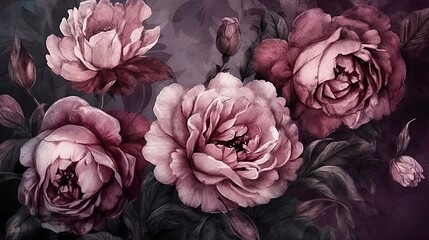 peonies art, rustic painting, background illustration, wallpaper mural art. Generative AI