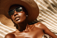 Beach Sun-Kissed Beauty. Stunning Black Sexy Woman With Straw Hat Basking In Golden Hour Light, Laying Beach Towel. African Bikini Girl, Skincare, Summer And Topless Concept AI Generative
