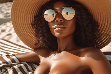 Wall Mural - Beach Sun-Kissed Beauty. Stunning black sexy woman with straw hat basking in golden hour light, laying beach towel. African Bikini girl, skincare, summer and topless concept AI Generative