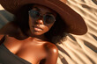 © Mr. Bolota - Beach Sun-Kissed Beauty. Stunning black sexy woman with straw hat basking in golden hour light, laying beach towel. African Bikini girl, skincare, summer and topless concept AI Generative