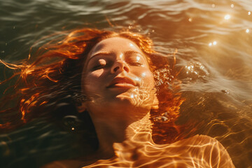 Beach Sun-Kissed Beauty. Stunning ginger sexy woman with straw hat basking in golden hour light, laying on sea water waves. red head girl Bikini, skincare, summer and topless concept AI Generative