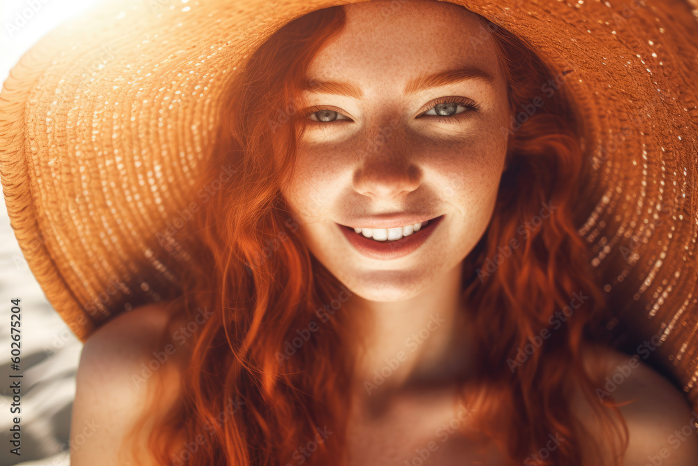Beach Sun-Kissed Beauty. Stunning ginger sexy woman with straw hat ...
