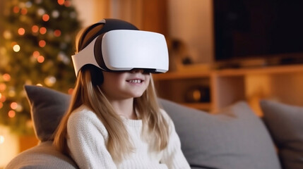 A virtual reality. Teenage girl wearing virtual reality glasses. Ai generative