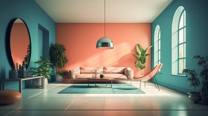 Sticker - Modern interior of living room with stylish accessories in gentle fashionable orange and green colors. Trendy furniture elegant apartment. Generative AI