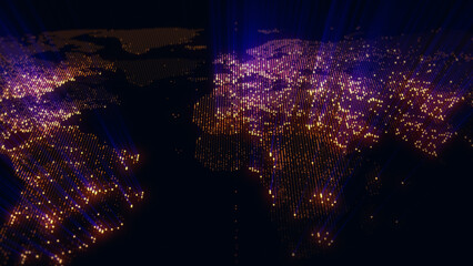 3D rendering of a digital map of the Earth. The lights of megacities merge in a soft glow