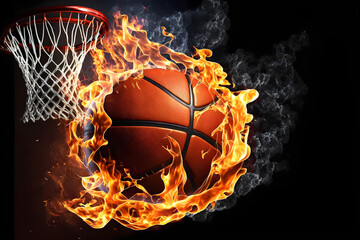 Wall Mural - Flaming basketball going through a net 