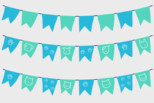 Bunting Garland Set Of Elements Dog Cat Face And Foot Print Vector Illustration. Wall Art Cute Style Isolated On A White Background. Nursery Art For Decoration, Card, Poster, Party, Happy Birthday.