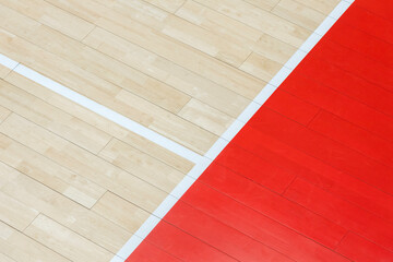 Wooden floor volleyball, basketball, badminton, futsal, handball court. Wooden floor of sports hall with marking lines line on wooden floor indoor, gym court