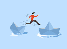 Running Away From Risk Or Danger, Changing Jobs Or Moving To A New Better Workplace Concept, Running Away From Failure, Frustrated Businessman Jumping To Escape From A Sinking Ship To A Better Place.
