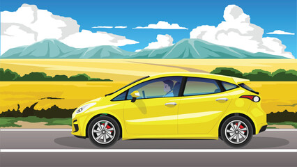 Poster - Concept vector illustration of horizontal view. Male rider inside hatchback car driving on the asphalt road. Background of yellow flower field. with mountain under blue sky and white clouds.