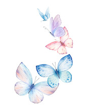 Butterflies Watercolor Wreath Isolated On White Background.  Excellent For Wedding Design, Stationery, Invitations, Postcards.