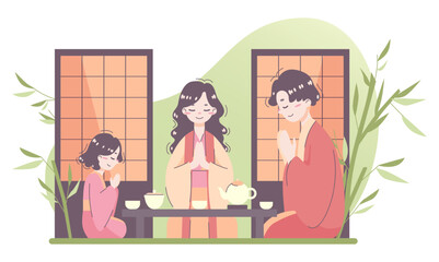 Daily routine of an asian woman. Japanese family in traditional