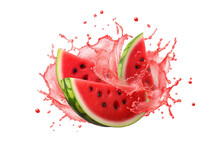 Watermelon With Watermelon Juice Splash Isolated On Transparent Background