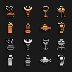 Sticker - Set Camping gas stove, Barbecue grill, Fire extinguisher, Fish, Lighter, Wine glass, Homemade pie and Sausage on the fork icon. Vector