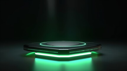 Black and green. Blank product stand with green light. Platform for design. generative ai