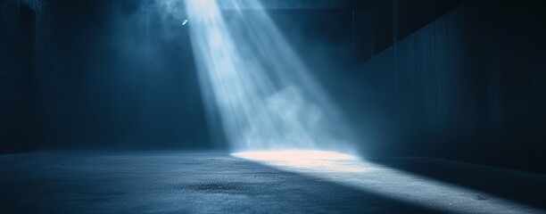 Wall Mural - light in the dark. rays light on blue wall with smoke and shadow. generative ai