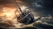 Yacht Crashes In A Storm. Generative AI