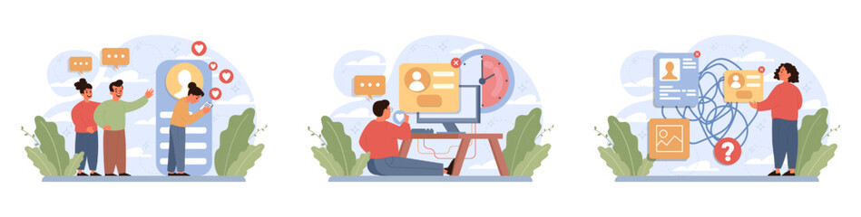 Wall Mural - children in social media set. kid with phone or laptop surfing social