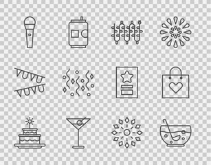 Sticker - Set line Cake with burning candles, Mixed punch bowl, Christmas lights, Martini glass, Karaoke microphone, Festive confetti, Firework and Shopping bag heart icon. Vector