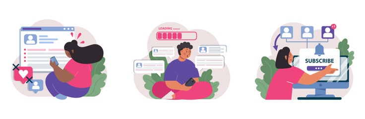 Wall Mural - children in social media set. kid with phone or laptop surfing social