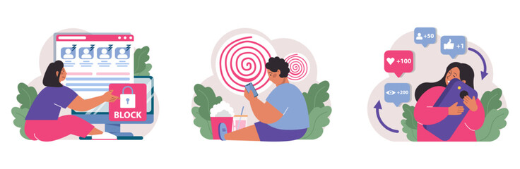 Wall Mural - children in social media set. kid with phone or laptop surfing social